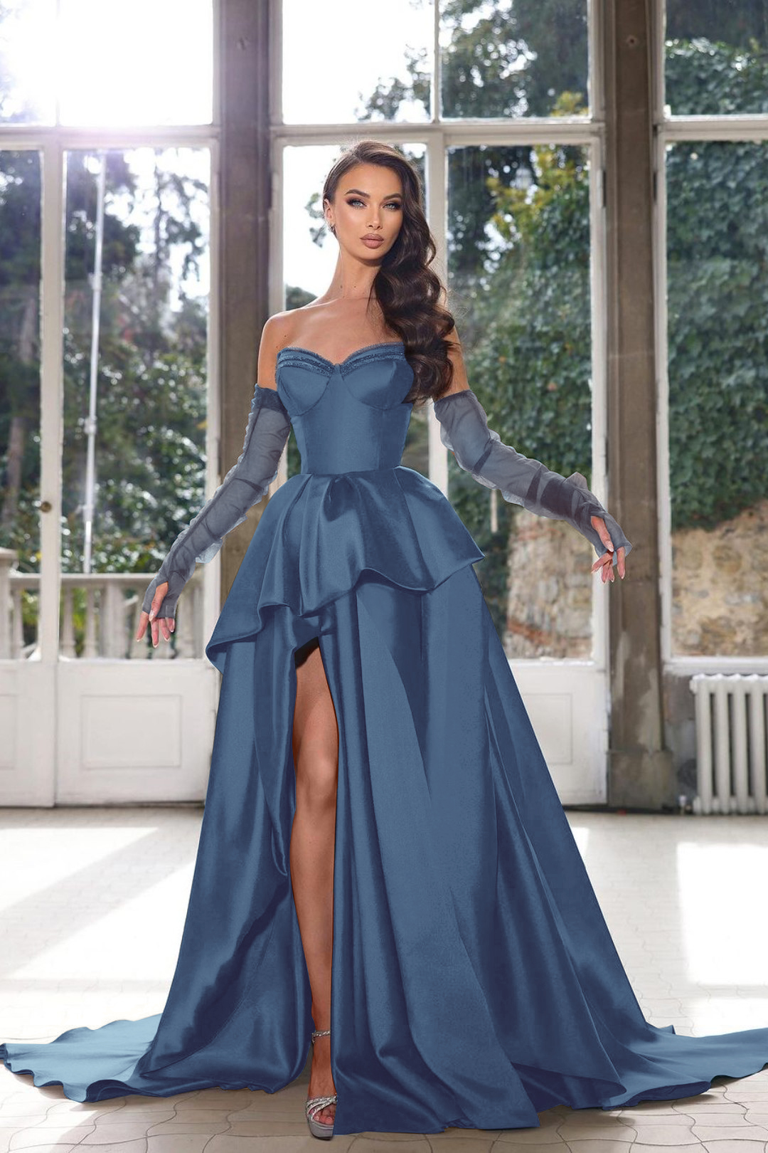 Glamorous Half Sleeves Ink Blue Prom Dress Strapless With High Split Gown