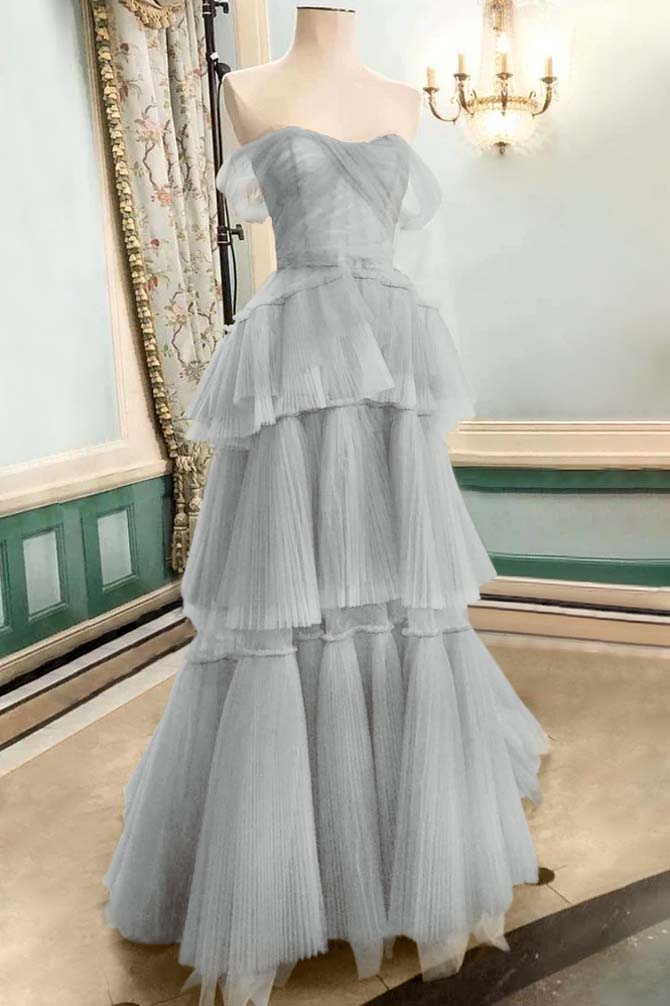 Strapless Off the Shoulder Sleeveless Long Prom Dress With Tulle