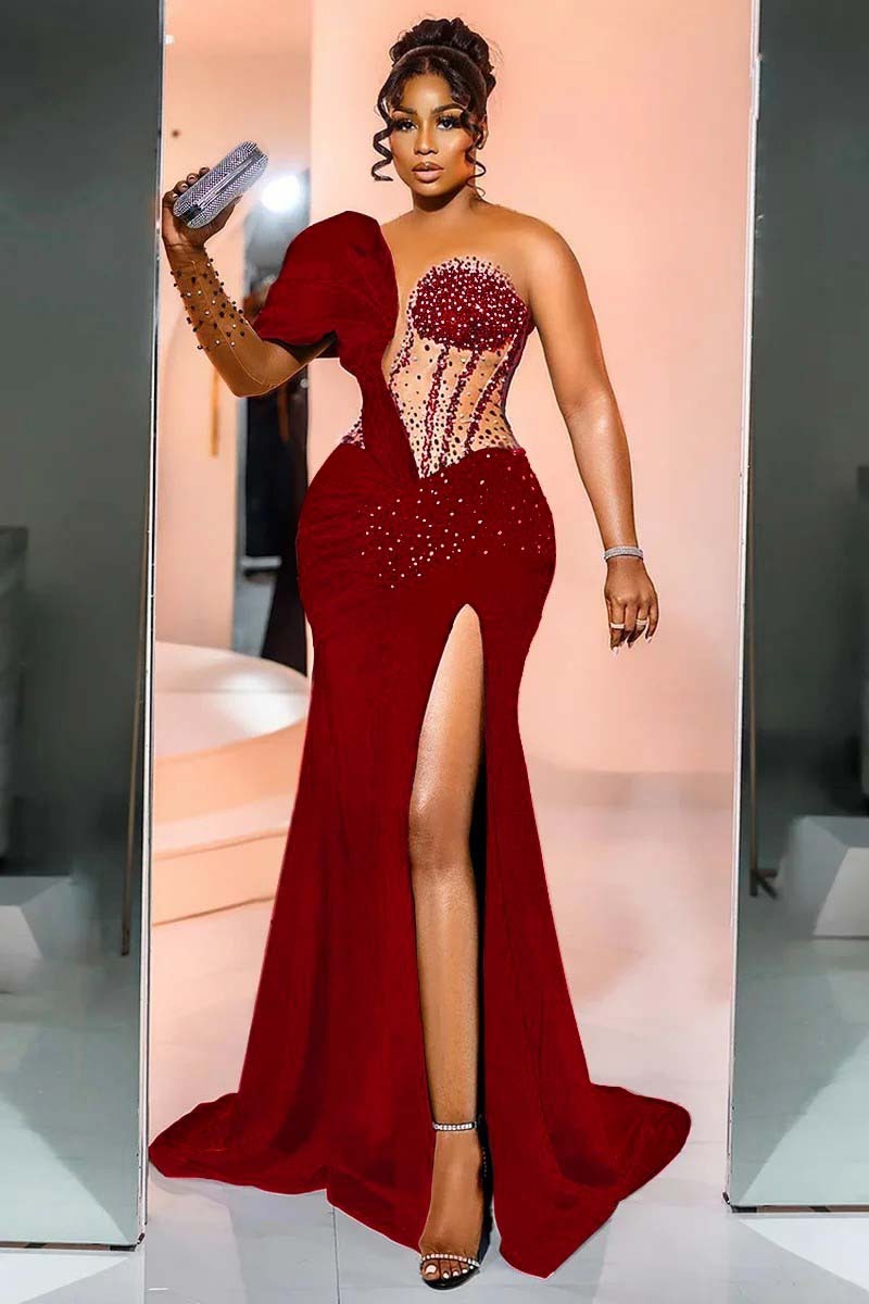 One Shoulder Long Sleeve Long Mermaid Prom Dress With Beading