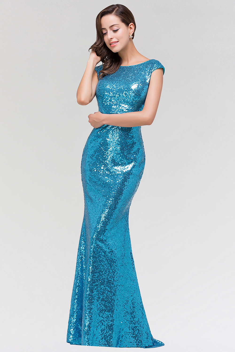BMbridal Shinny Sequined Long Mermaid Blue Affordable Bridesmaid Dress-BMbridal