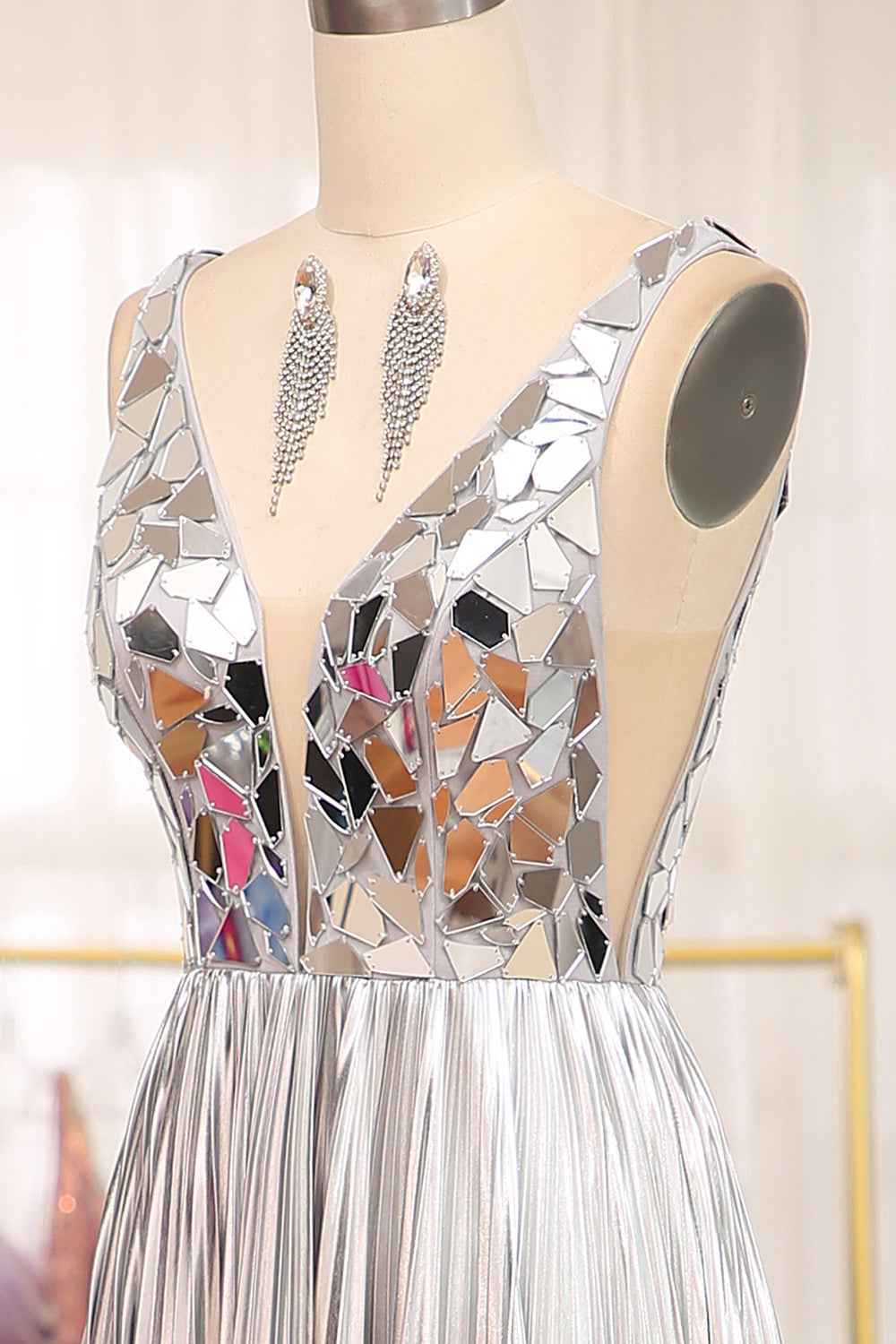 Sparkly A Line Deep V Neck Silver Long Prom Dress with Beading