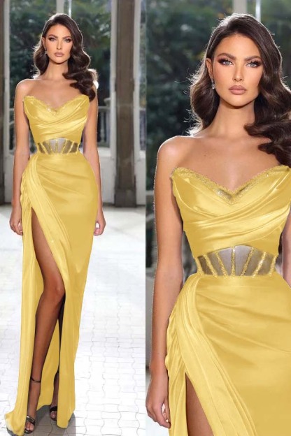 Strapless Sleeveless Long Mermaid Prom Dress With Split Pleated