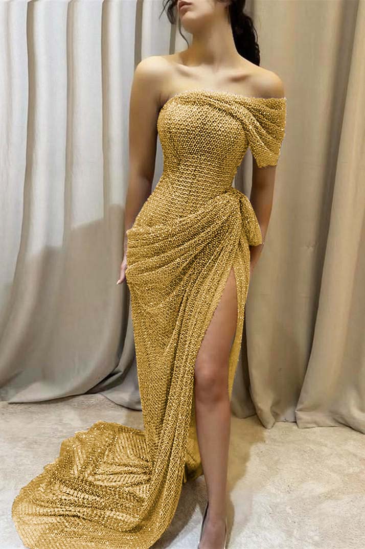 One Shoulder Sleeveless Long Mermaid Prom Dress With Split Pleated