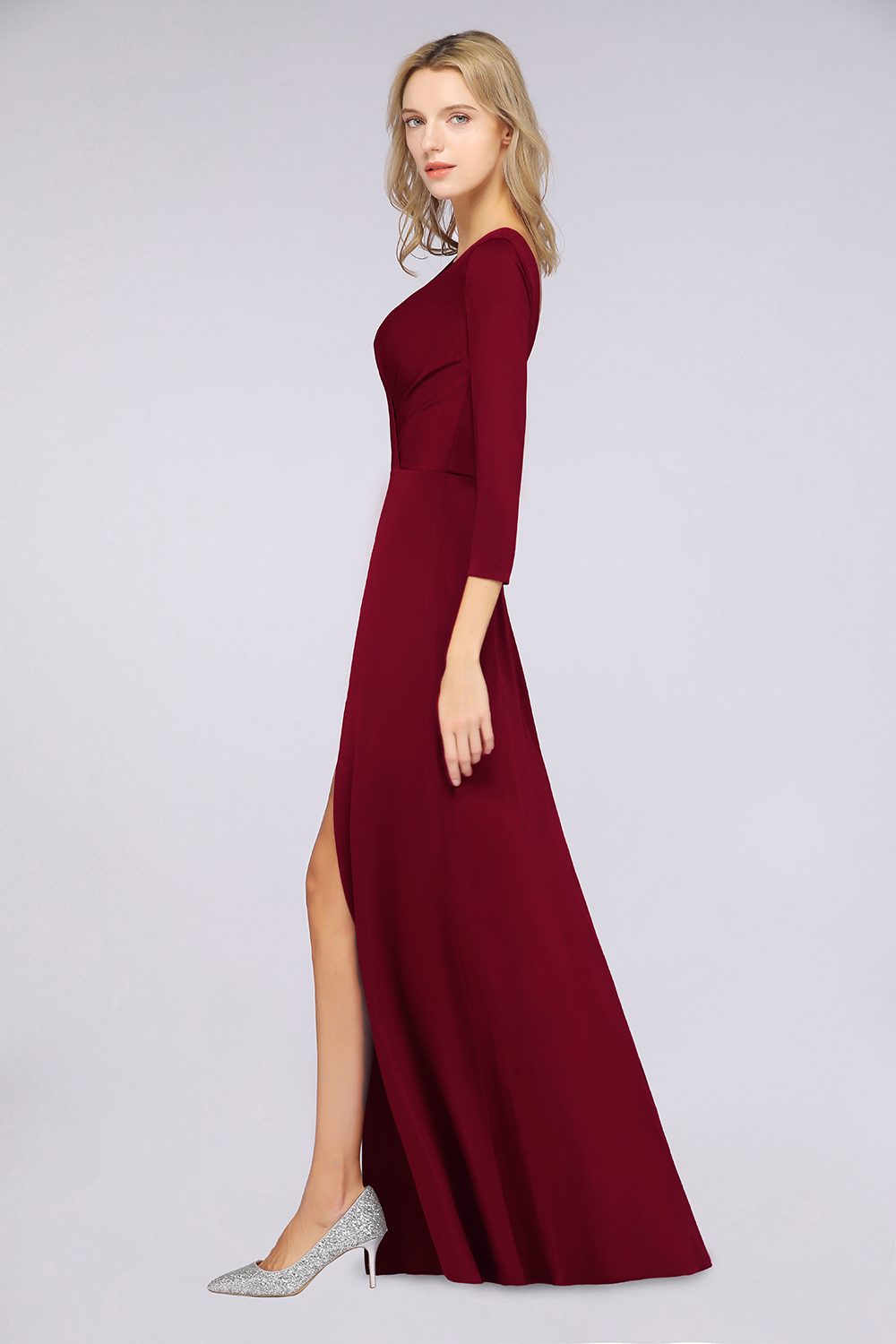 BMbridal Popular Spandex Long-Sleeves Burgundy Bridesmaid Dresses with Side-Slit-BMbridal