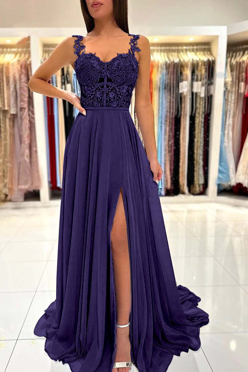 Straps Sleeveless Long A Line Split Prom Dress With Appliques