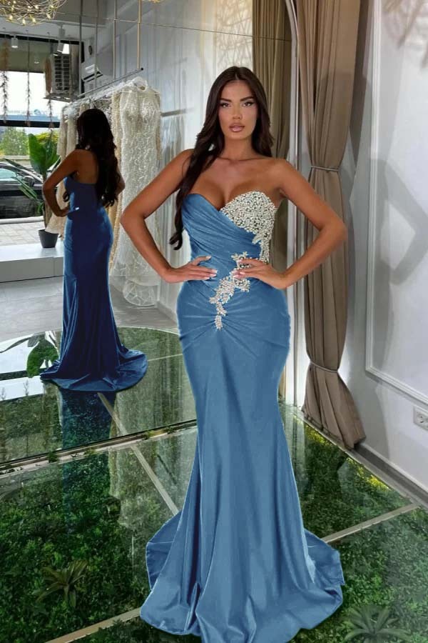 Strapless Sleeveless Long Mermaid Prom Dress With Pleated Beading