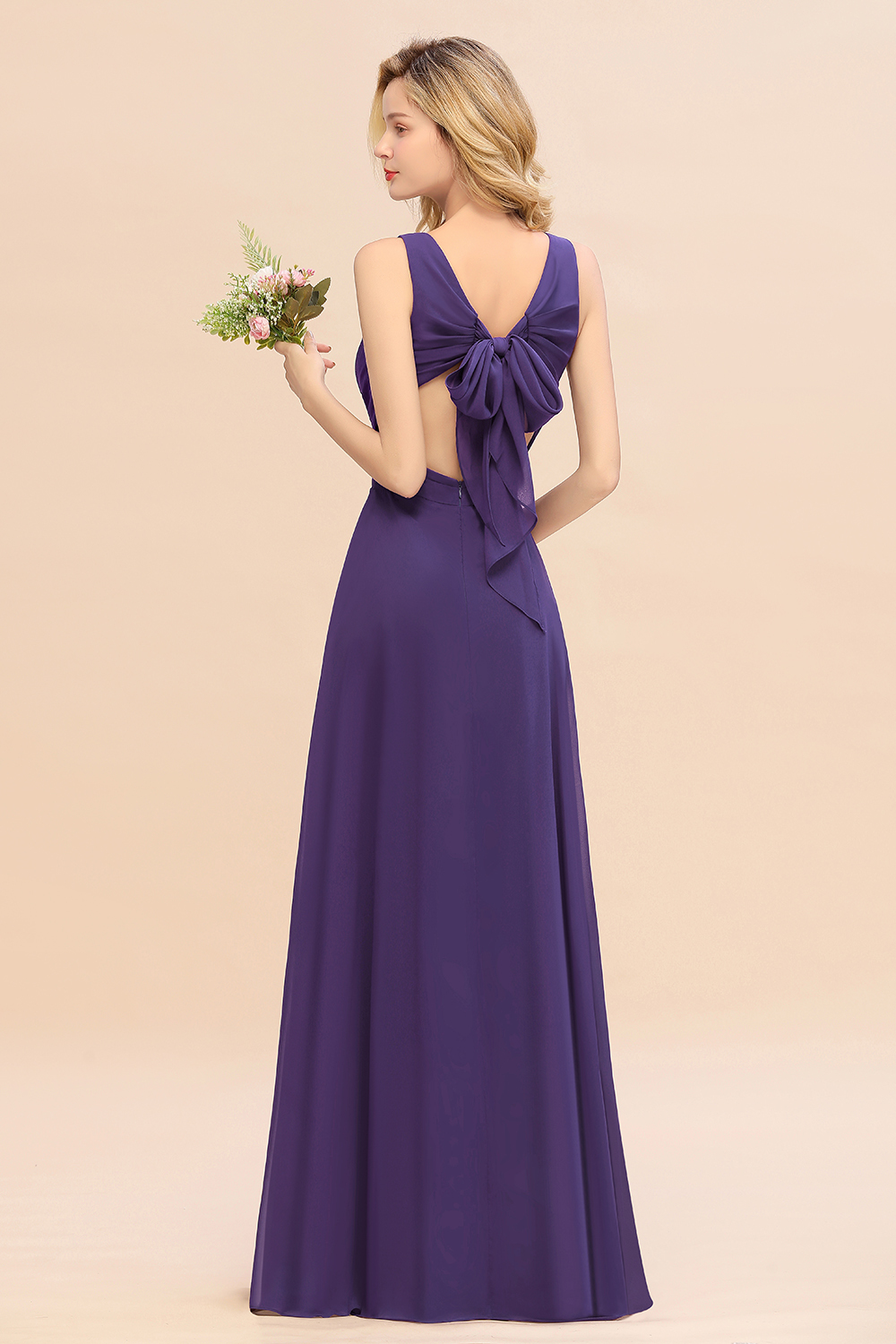 BMbridal Affordable V-Neck Ruffle Long Grape Chiffon Bridesmaid Dress with Bow-BMbridal