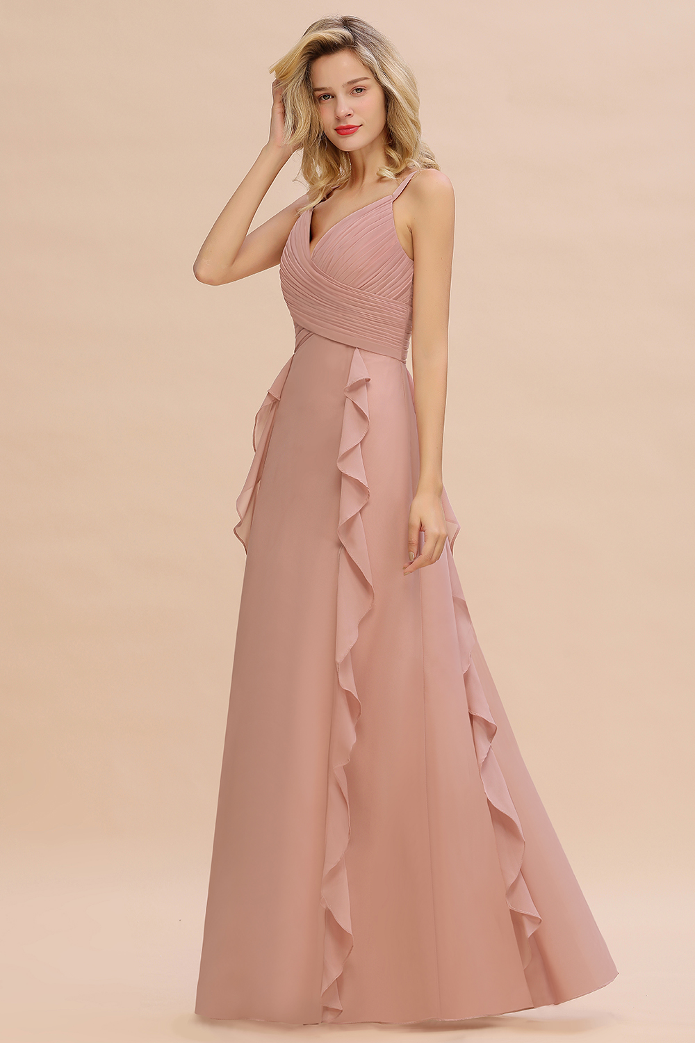 BMbridal Chiffon Long Sleeveless Bridesmaid Dress with Cascading Ruffles-BMbridal