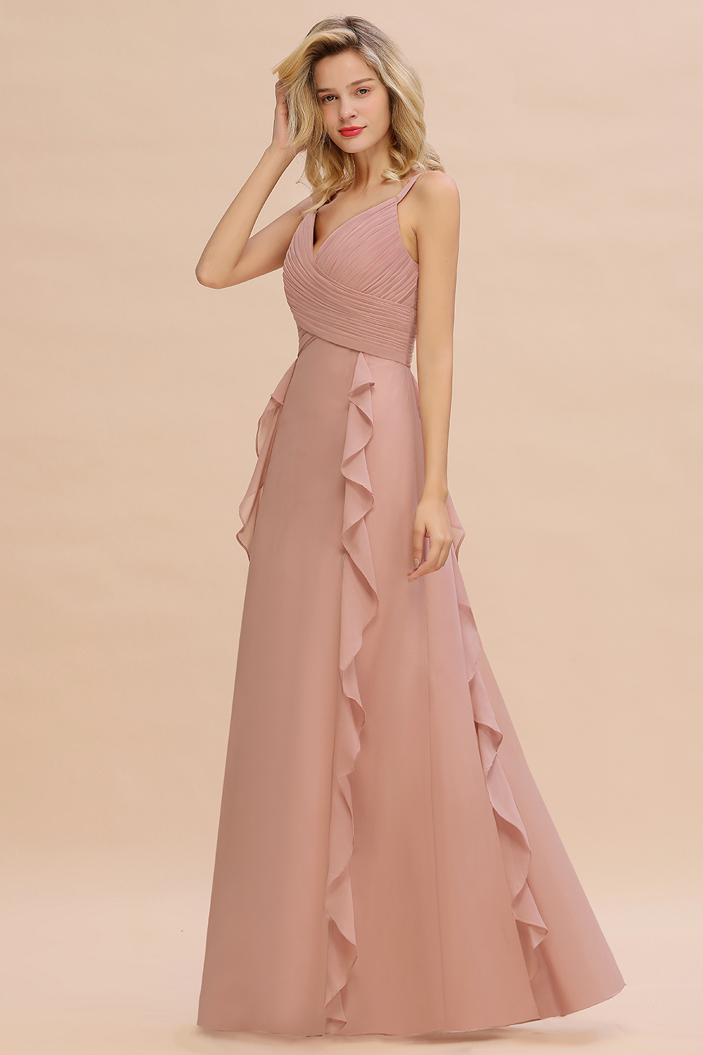 BMbridal Chiffon Long Sleeveless Bridesmaid Dress with Cascading Ruffles-BMbridal