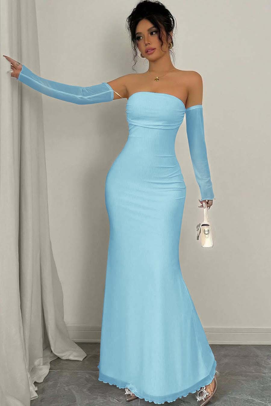Strapless Long Mermaid Prom Dress With Detachable Sleeves Pleated