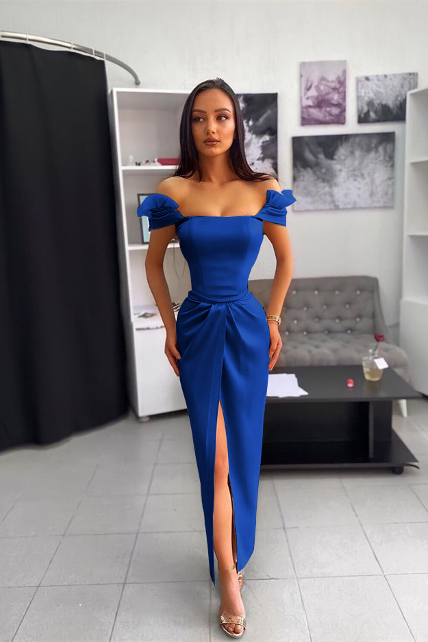 Off the Shoulder Split Ankle Long Prom Dress With Chic Wrinkle