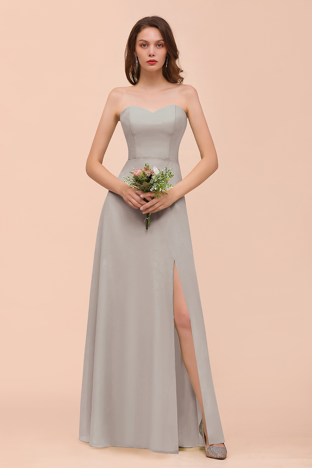 BMbridal Affordable Strapless Front Slit Long Dusty Sage Bridesmaid Dress-BMbridal