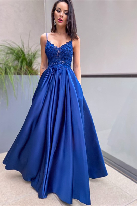 Royal Blue Sleeveless Lace A Line Long Prom Dress Appliques With Pockets