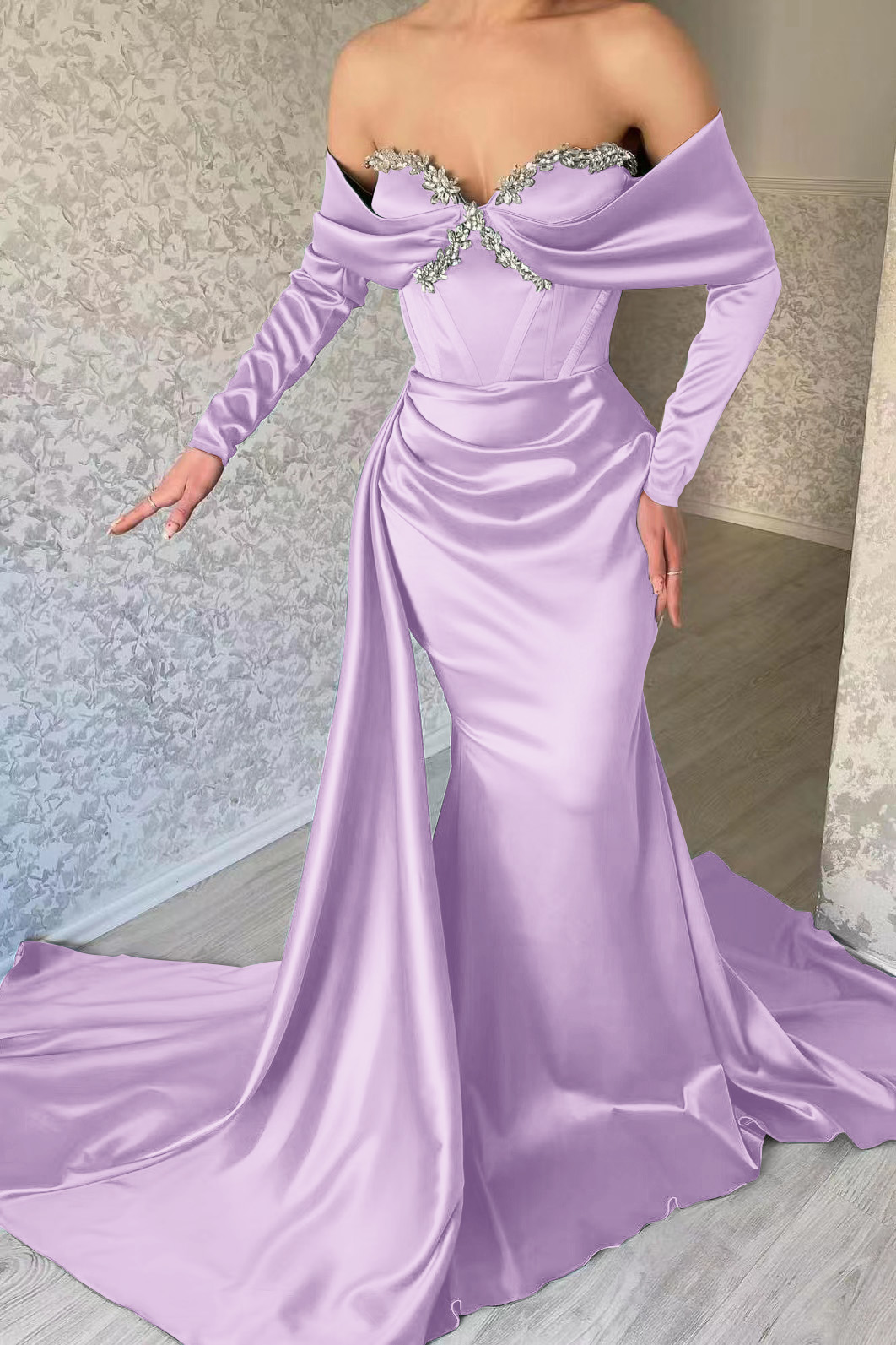 Gorgeous Sweetheart Portrait Long Sleeves Mermaid Prom Dress With Rhinstone Ruffles
