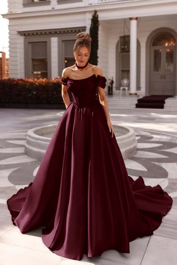 Off the Shoulder Sleeveless Long Prom Dress With Pleated Beading