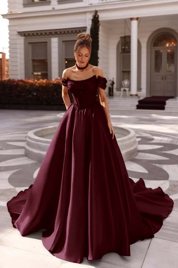 Off the Shoulder Sleeveless Long Prom Dress With Pleated Beading