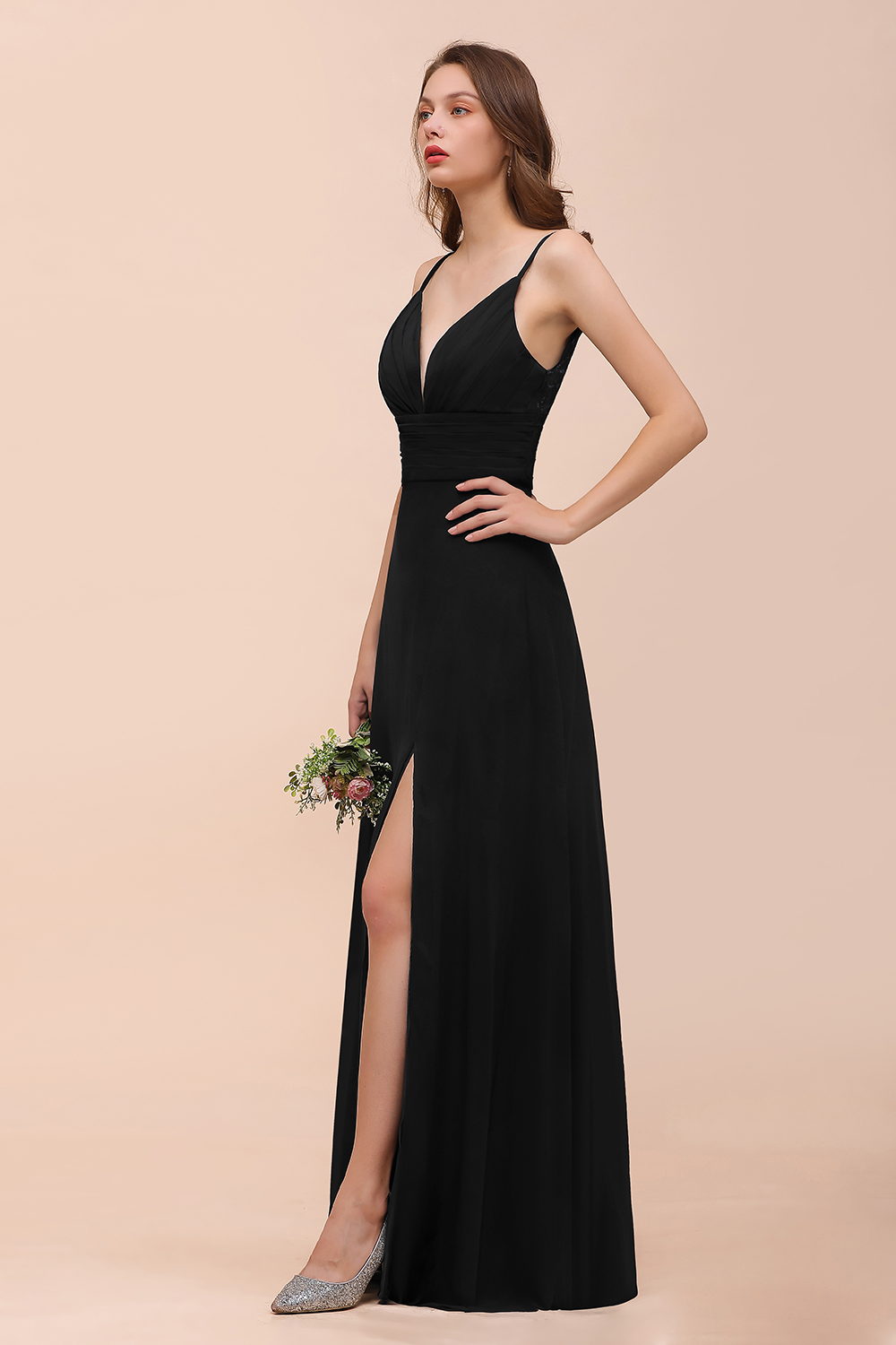 BMbridal Deep V Neck Spaghetti Straps Slit Long Black Bridesmaid Dress-BMbridal