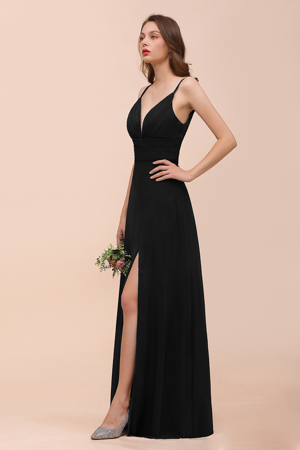 BMbridal Deep V Neck Spaghetti Straps Slit Long Black Bridesmaid Dress-BMbridal