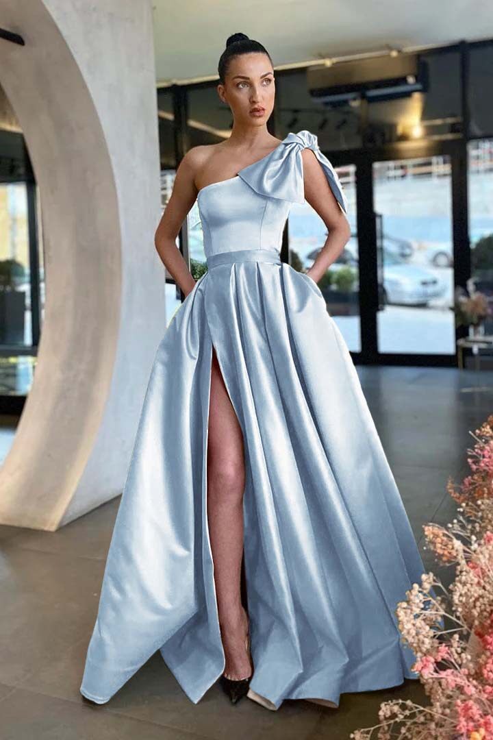 One Shoulder Sleeveless Long Split Prom Dress With Pockets Pleated