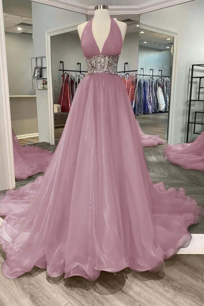 Halter Deep V Neck Sleeveless Long Prom Dress With Beading Ruffle