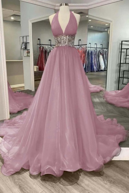 Halter Deep V Neck Sleeveless Long Prom Dress With Beading Ruffle