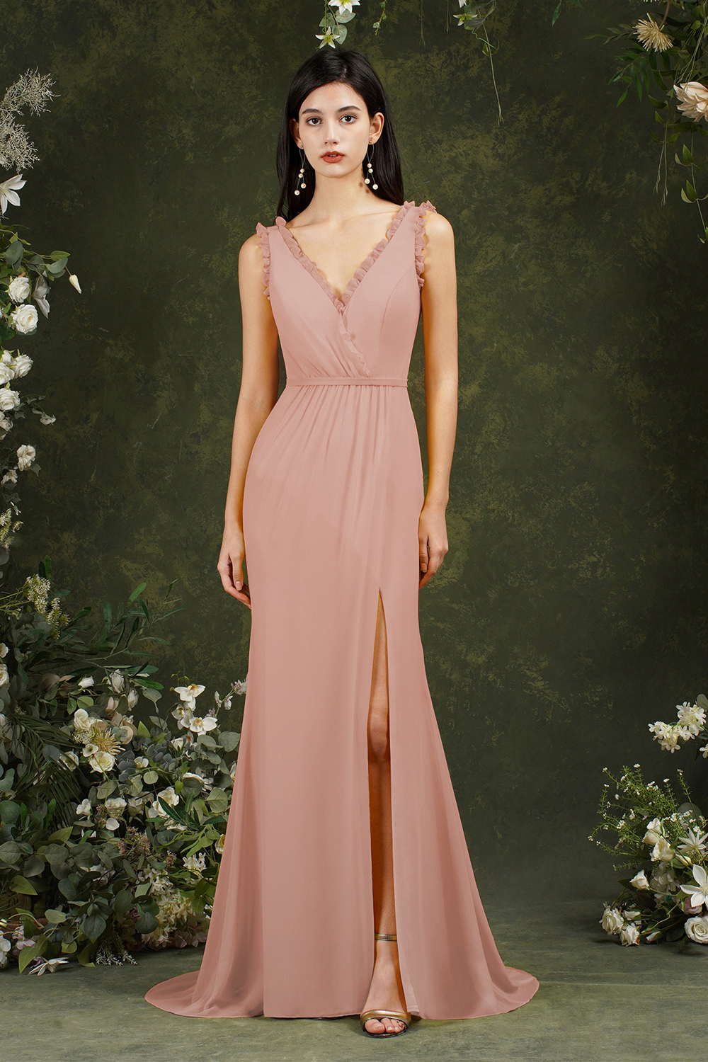 BMbridal V-Neck Bridesmaid Dress Chiffon With Slit-BMbridal