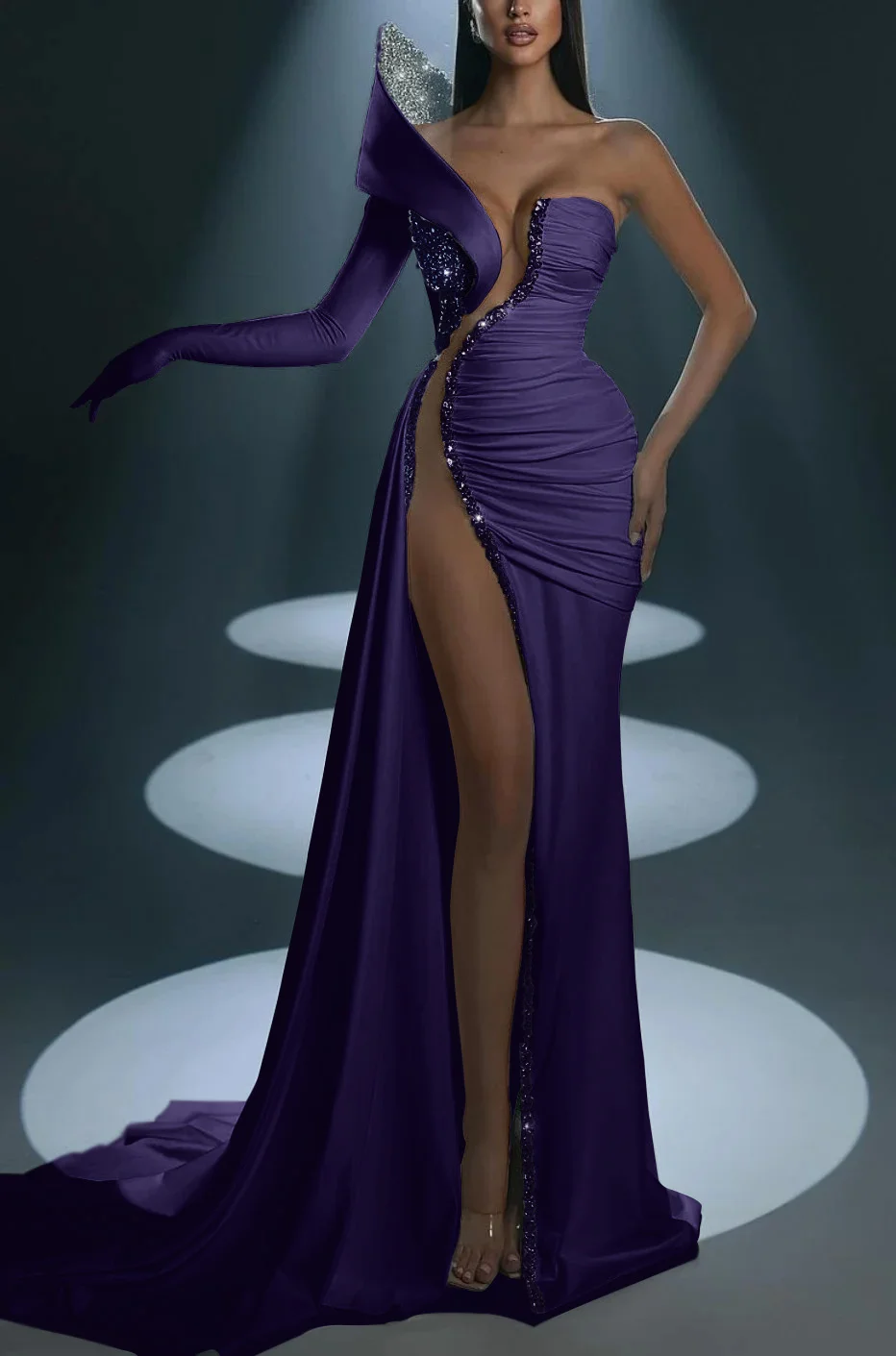 White Prom Dress With Gloves Long Mermaid One Shoulder With High Slit