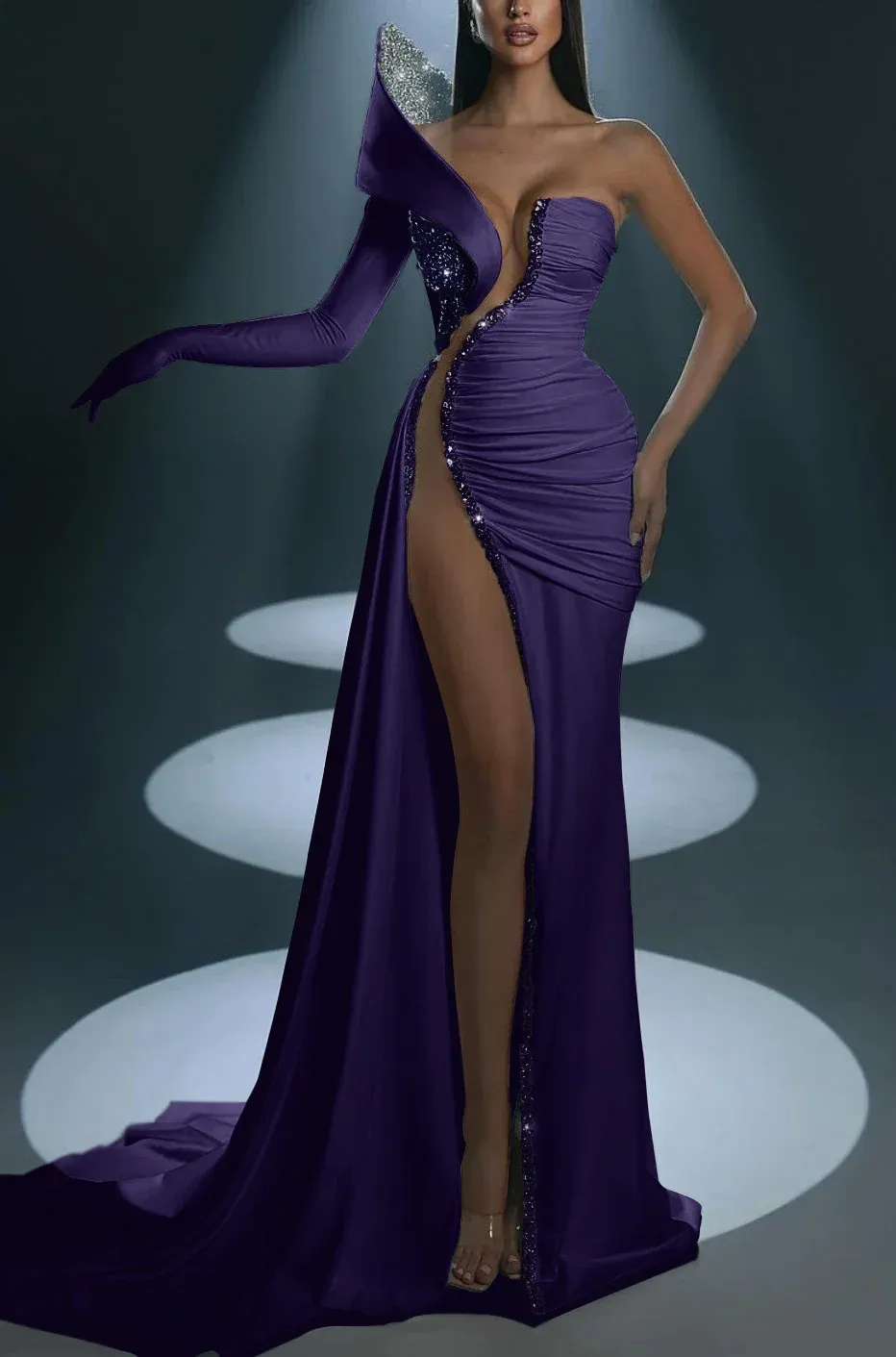 White Prom Dress With Gloves Long Mermaid One Shoulder With High Slit