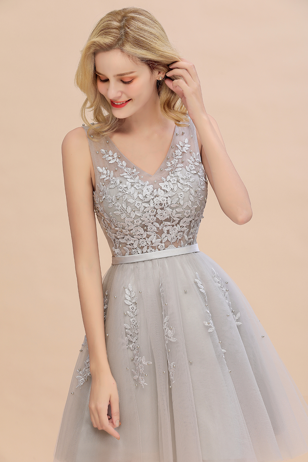 BMbridal ElegantSleeveless Silver Bridesmaid Dress V-neck  Junior Bridesmaid Dress-BMbridal