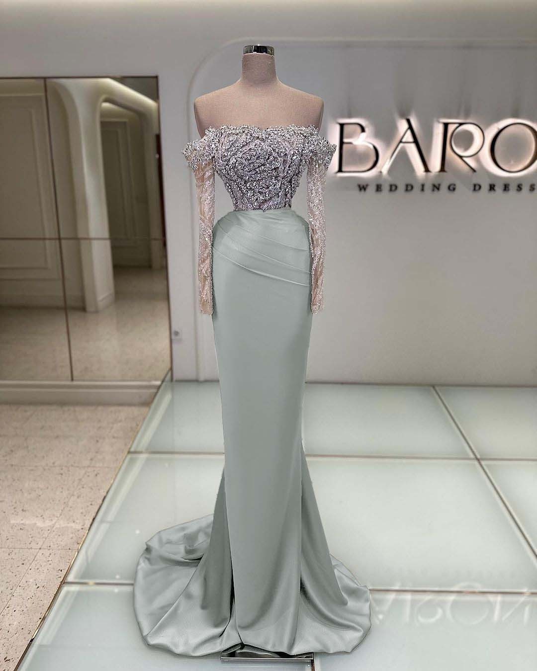 Off the Shoulder Long Sleeves  Long Mermaid Prom Dress With Beading