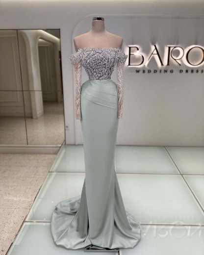 Off the Shoulder Long Sleeves  Long Mermaid Prom Dress With Beading