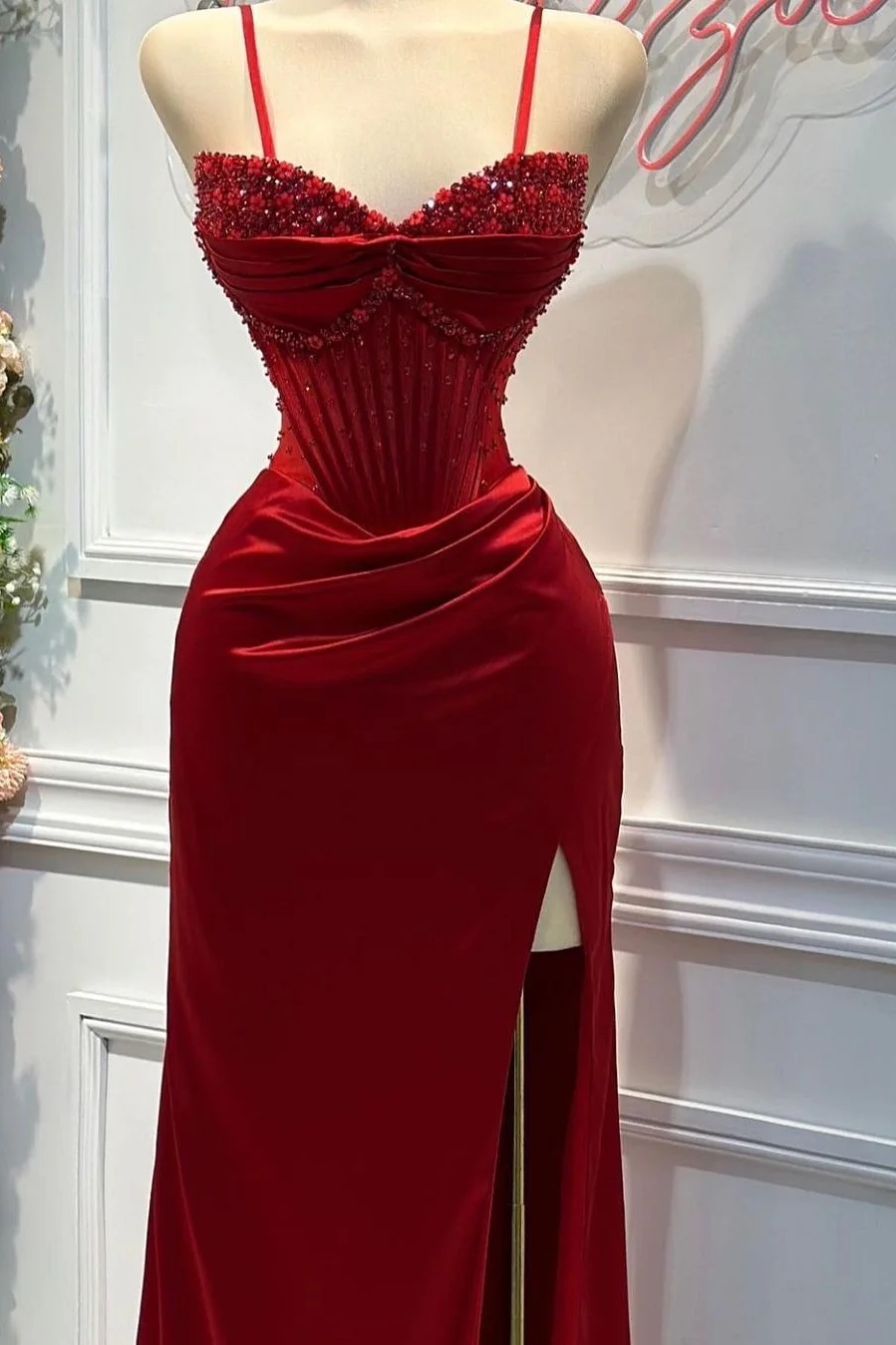 Red Spaghetti Strap Sleeveless Beading Long Prom Dress With Split