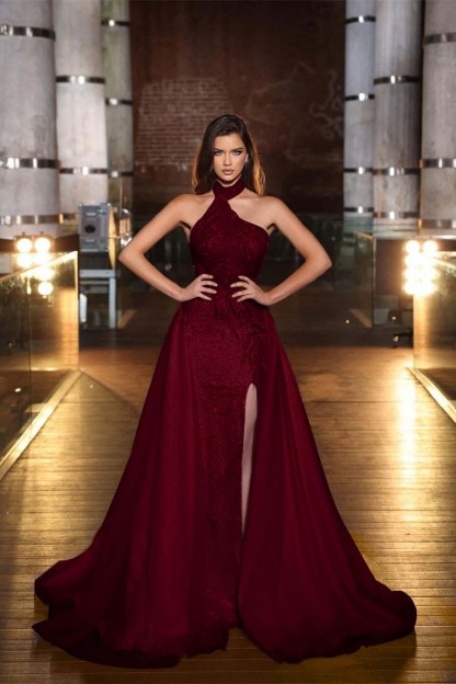 Purple Halter Mermaid Prom Dress Tulle Ruffles With Split Appliques