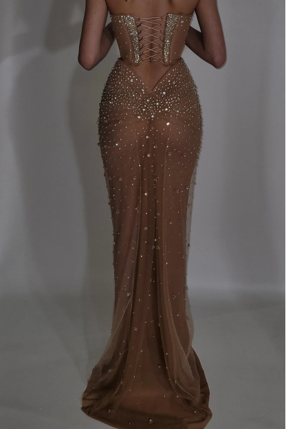 Strapless Sleeveless Mermaid Long Prom Dress With Beading Tulle