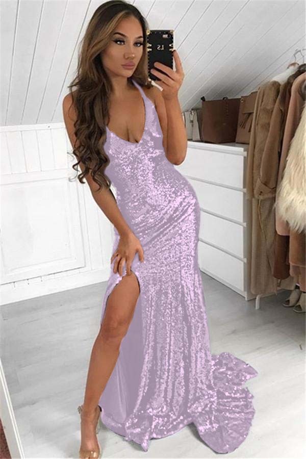 Dark Navy Halter Sleeveless Split Long Sequins Prom Dress Modern V Neck