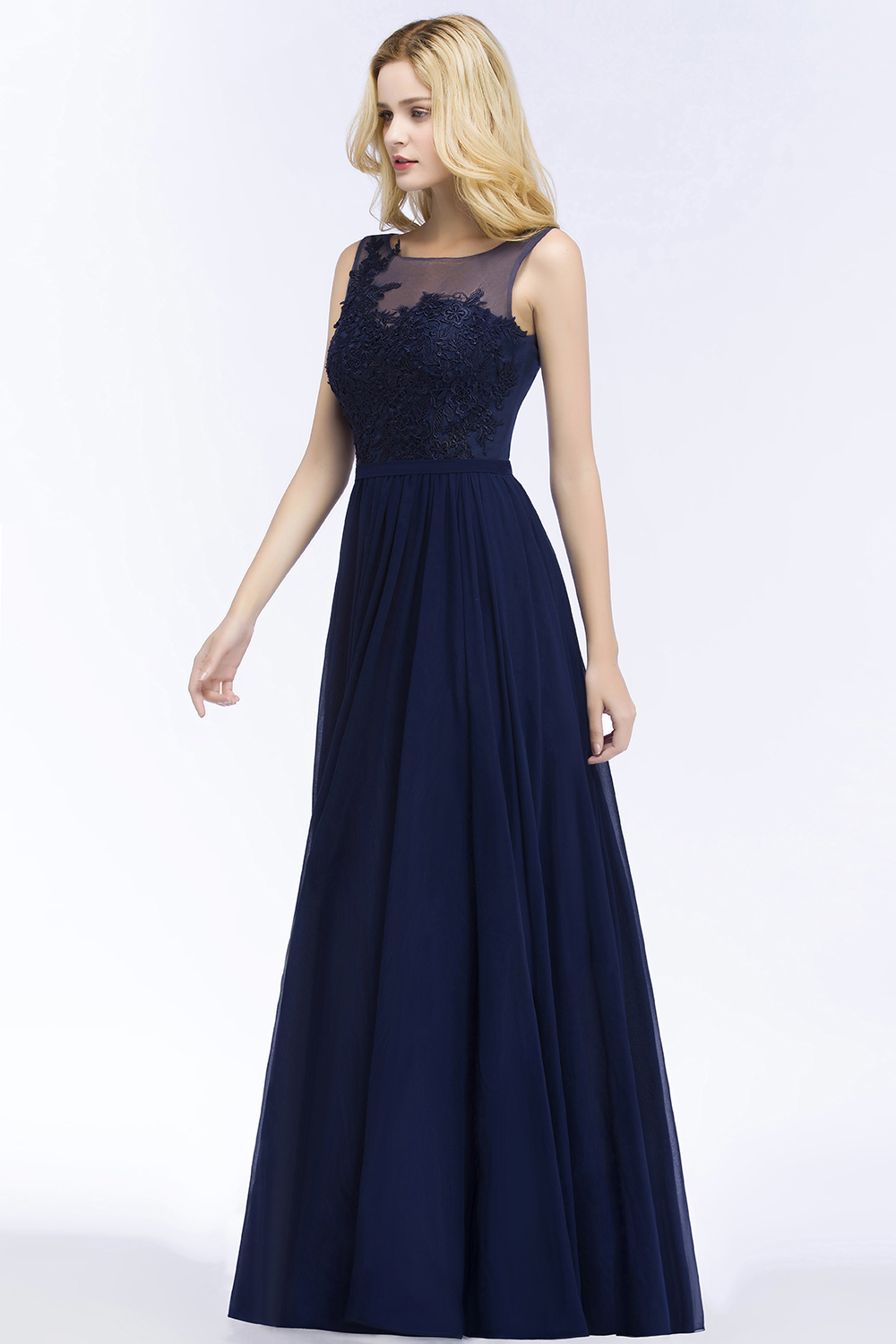 BMbridal Chiffon Lace Appliques Affordable Navy Bridesmaid Dress Online-BMbridal