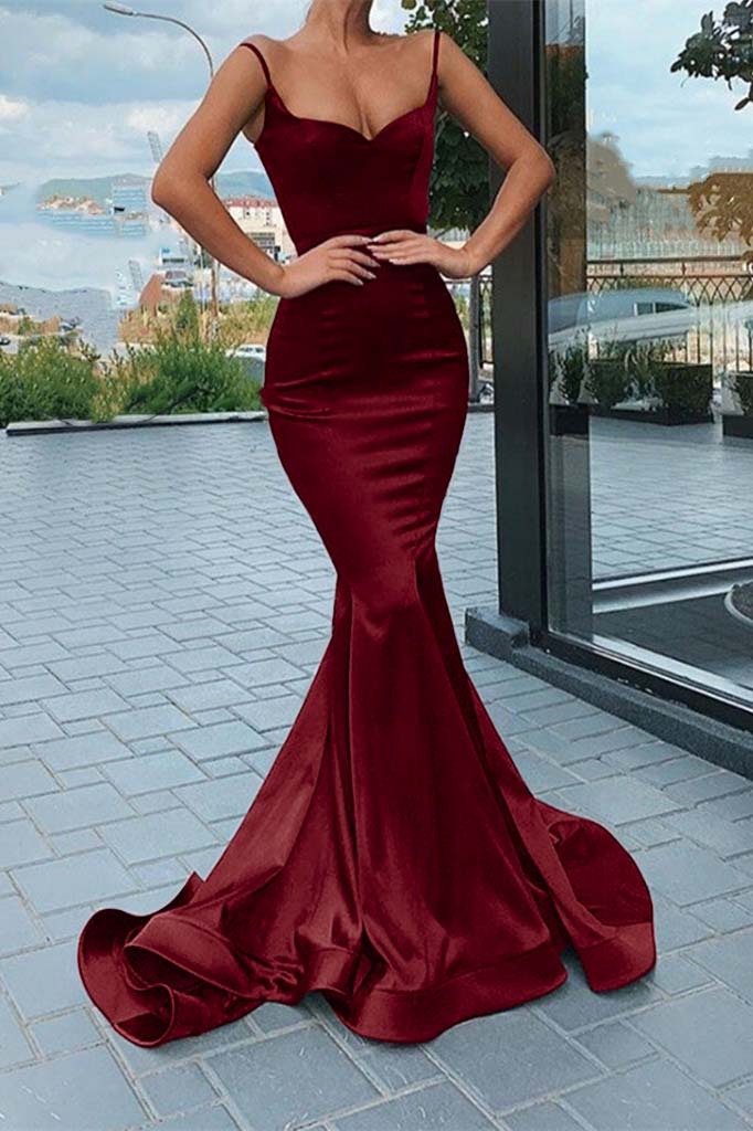 Chic Black Spaghetti Strap Sleeveless Long Mermaid Prom Dress With Pleated