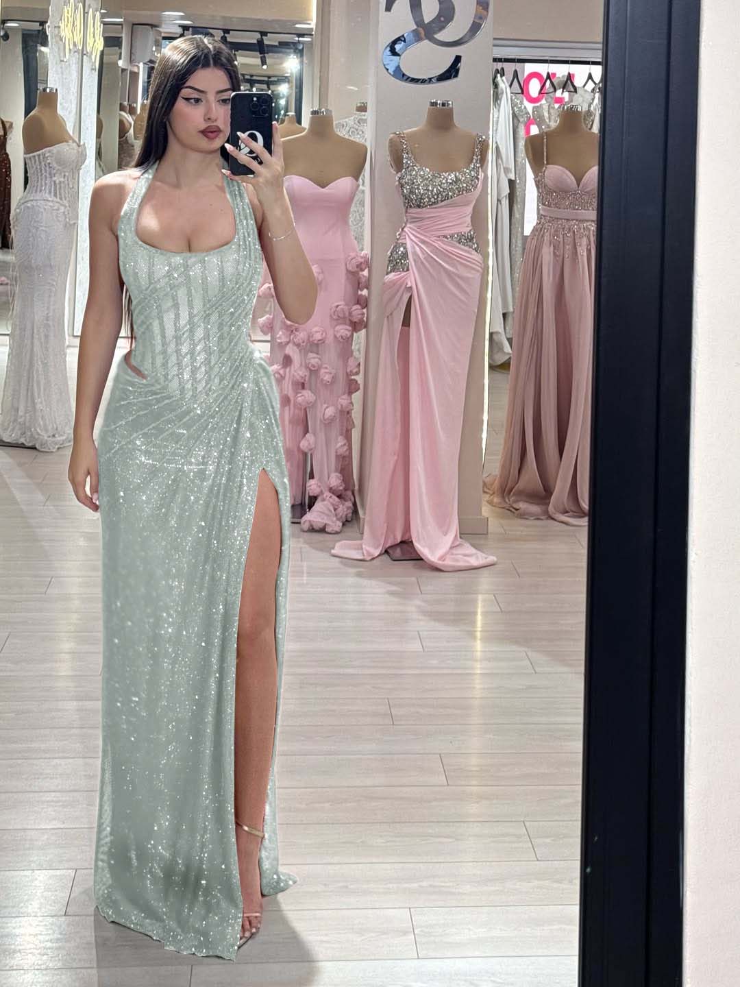 Sequins Halter Sleeveless Long Mermaid Prom Dress With Split