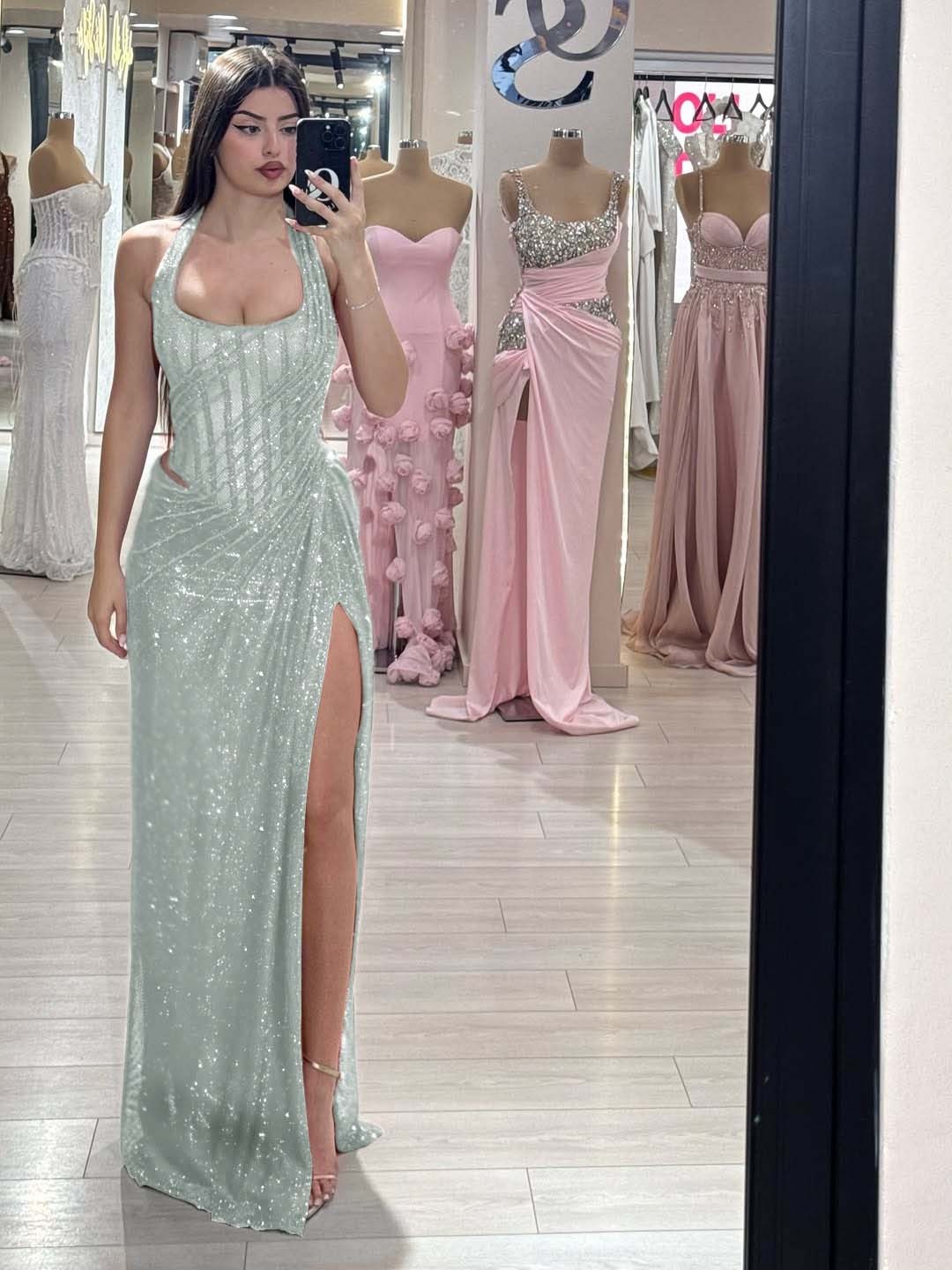 Sequins Halter Sleeveless Long Mermaid Prom Dress With Split