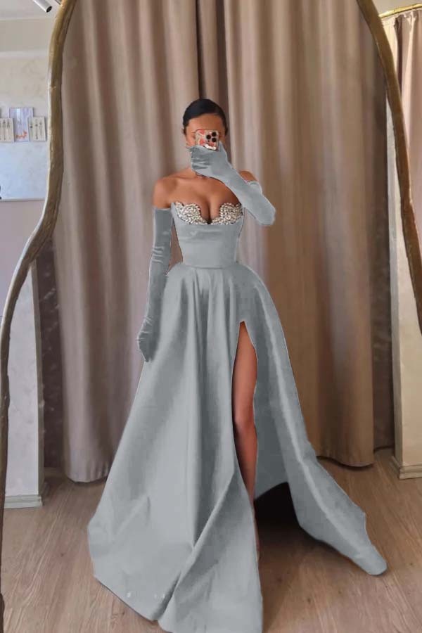 Strapless Sleeveless Long Split Prom Dress With Beading Long Gloves