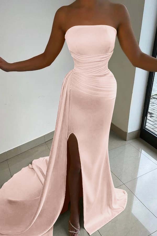 Yellow Strapless Sleeveless Ruffles Prom Dress Court With Split