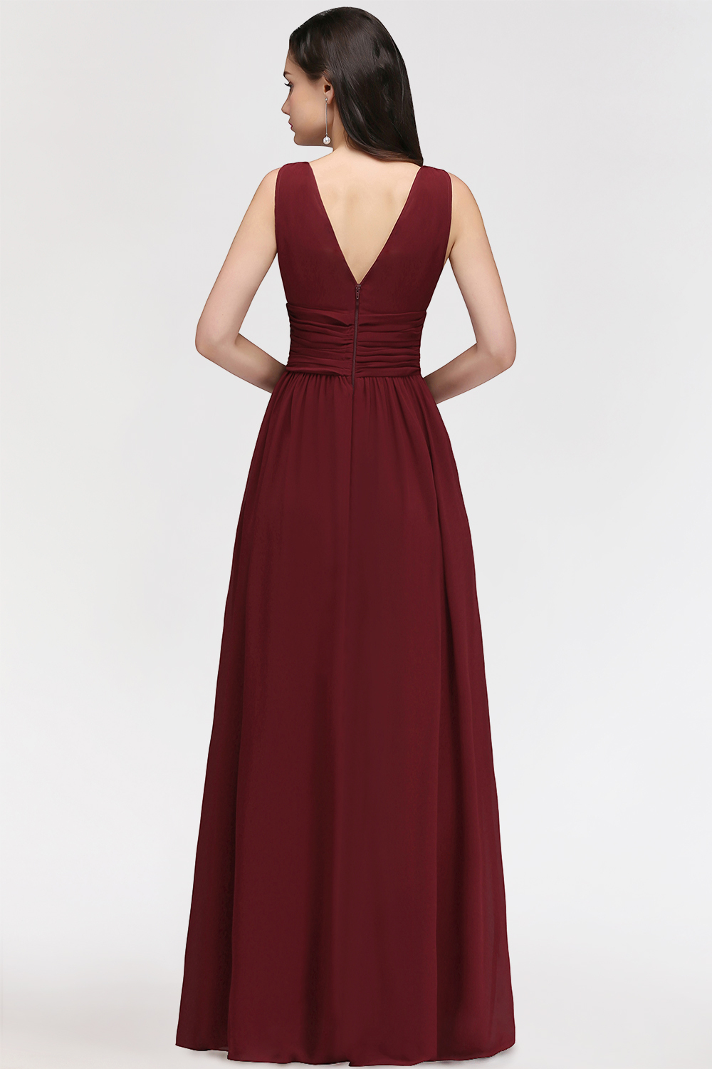 BMbridal Burgundy Long V-Neck Sleeveless Chiffon Bridesmaid Dress Online-BMbridal