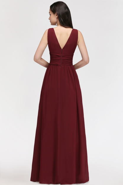 BMbridal Burgundy Long V-Neck Sleeveless Chiffon Bridesmaid Dress Online-BMbridal
