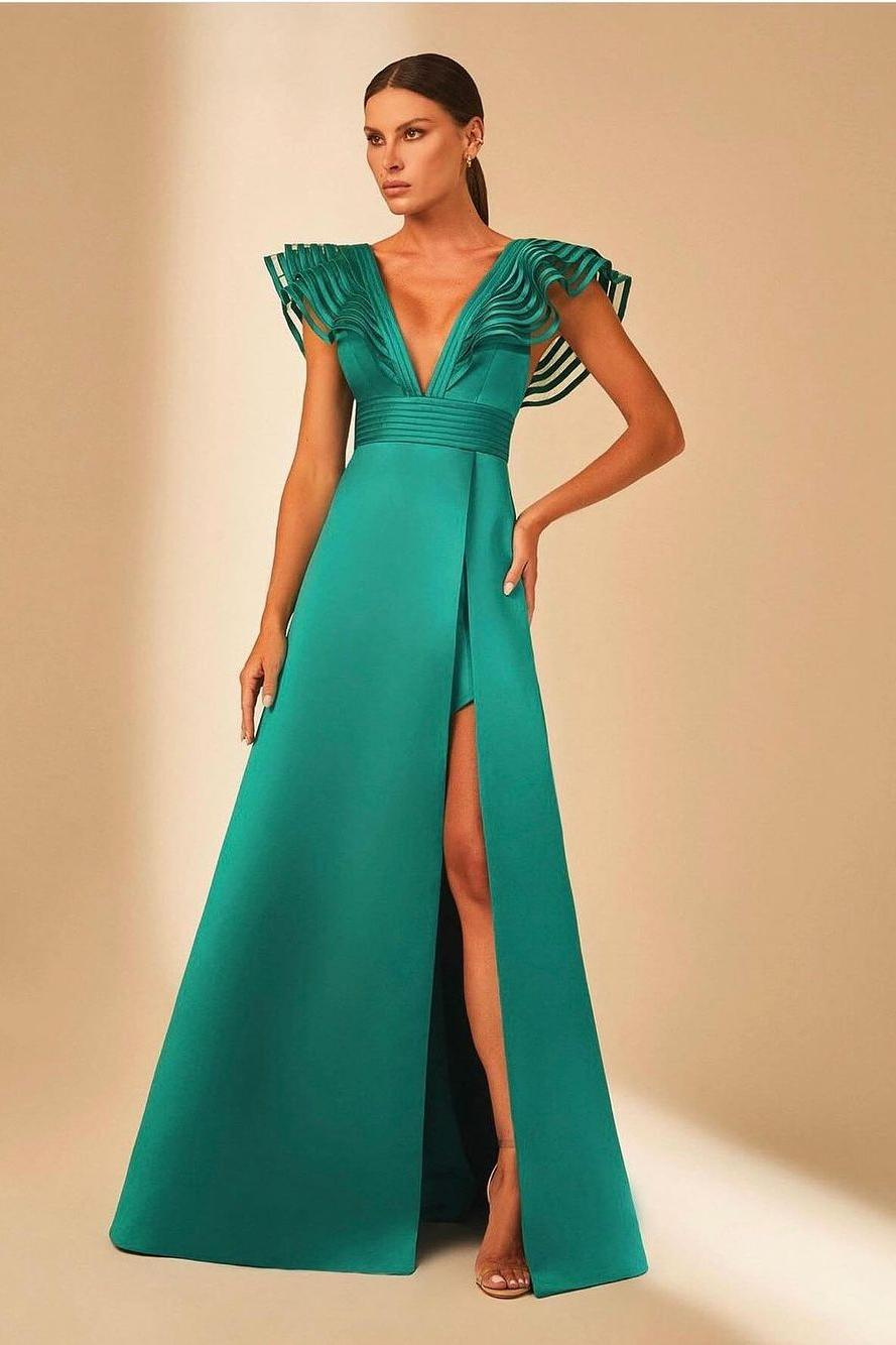 Deep V Neck Sleeveless A Line Long Prom Dress With Front Split