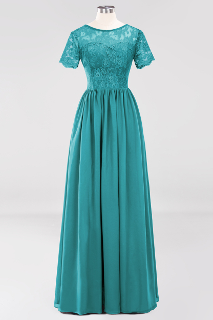 BMbridal Elegant Dark Navy Long Lace Bridesmaid Dresses with Short-Sleeves-BMbridal