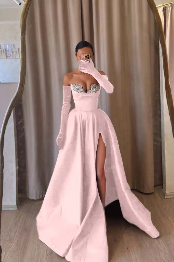 Strapless Sleeveless Long Split Prom Dress With Beading Long Gloves
