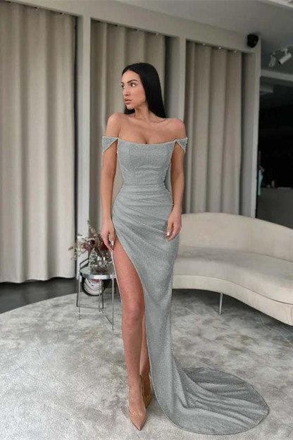 Off the Shoulder Sleeveless Mermaid Long Prom Dress With Split