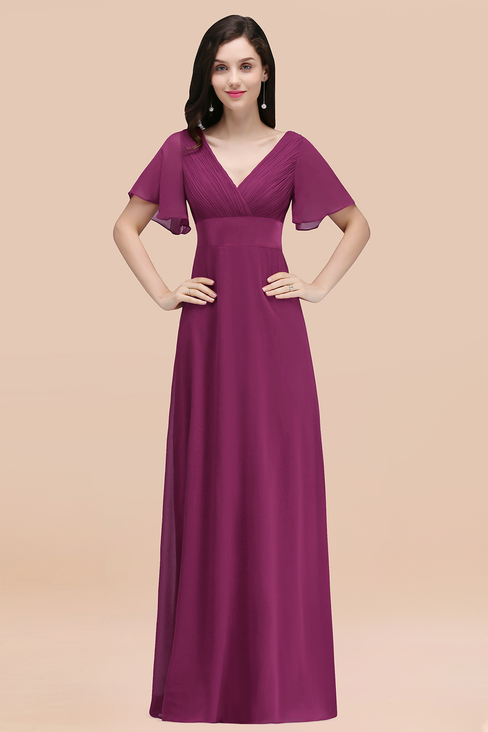 BMbridal Affordable V-Neck Ruffle Long Burgundy Bridesmaid Dress With Short-Sleeves-BMbridal