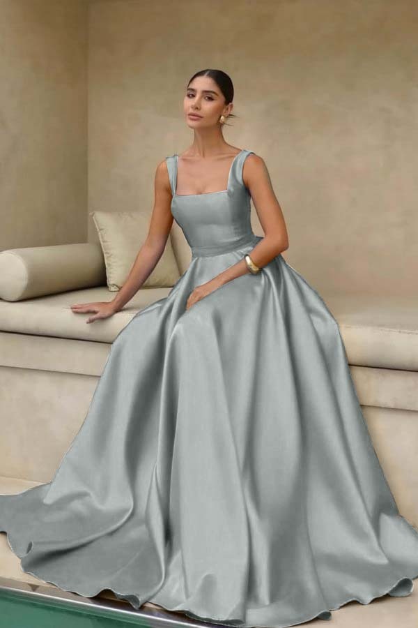 Stain Straps Sleeveless A Line Long Prom Dress With Pleated