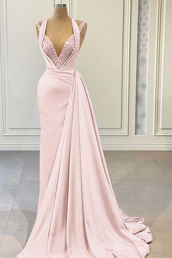 Halter V Neck Sleeveless Long Prom Dress With Beading Pleated